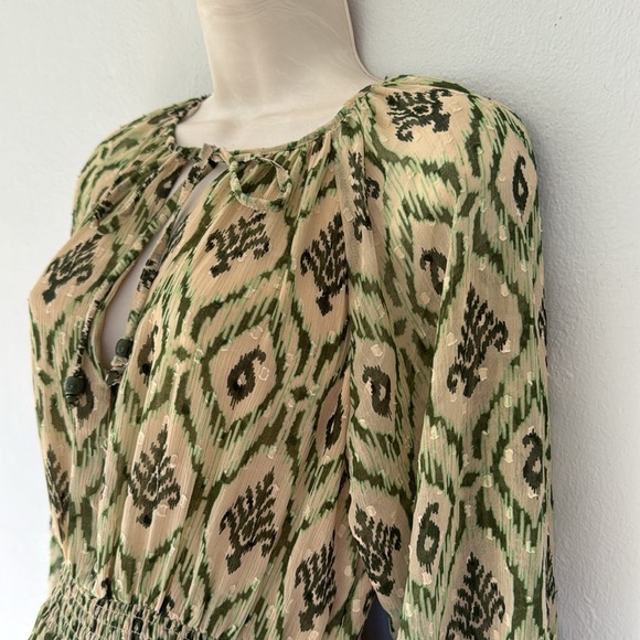 ZARA green abstract print long sleeve chiffon Swiss dot tie neck dress size XS - Picture 9 of 12